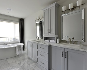 grey bathroom cabinetry, Sudbury Hearth & Home, Sudbury, ON